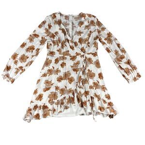 Altar'd State Dress Womens Large White Brown Floral Faux Wrap Long Sleeve Ruffle